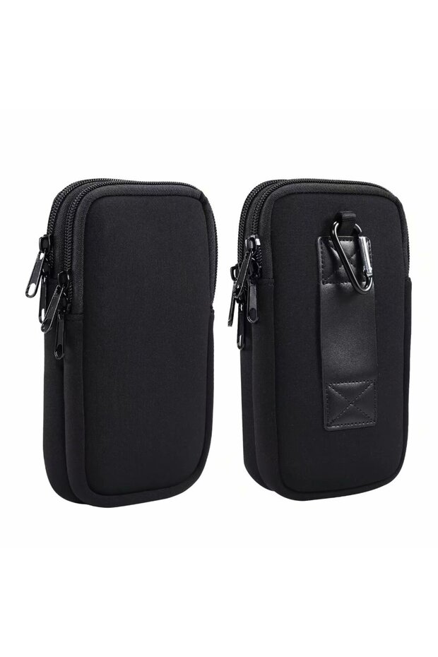 17x10.5x2.0 CM black Neoprene Dual Pouch 2 Phone Belt Clip Case Holder For iPhone 16 15 13 Pro Max S