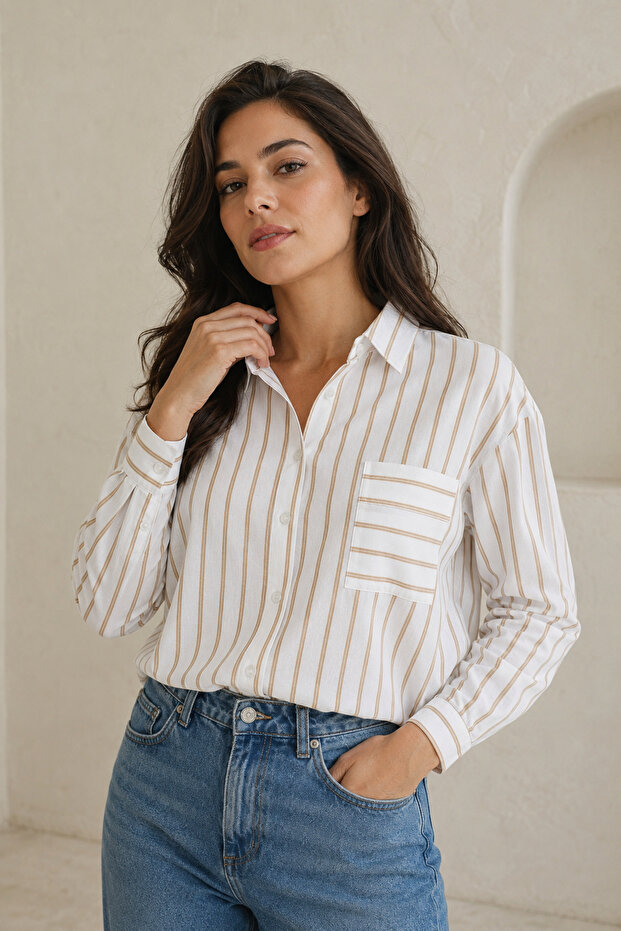 Double Striped Single Pocket Milk Brown Shirt 1500056