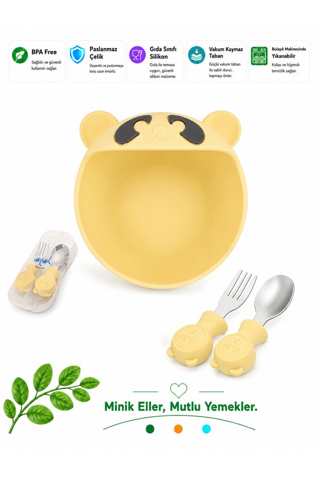 Yellow Premium Children's Vacuum Silicone Feeding Bowl, Stainless Steel Fork-Spoon /9+ Months