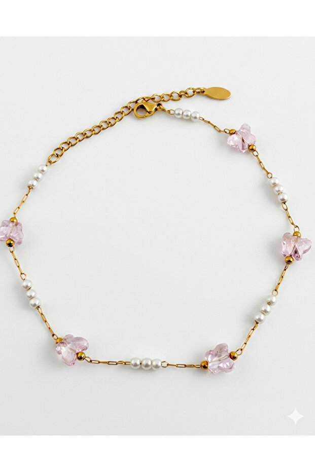 Special Series Pearl Detailed Pink Butterfly Steel Anklet