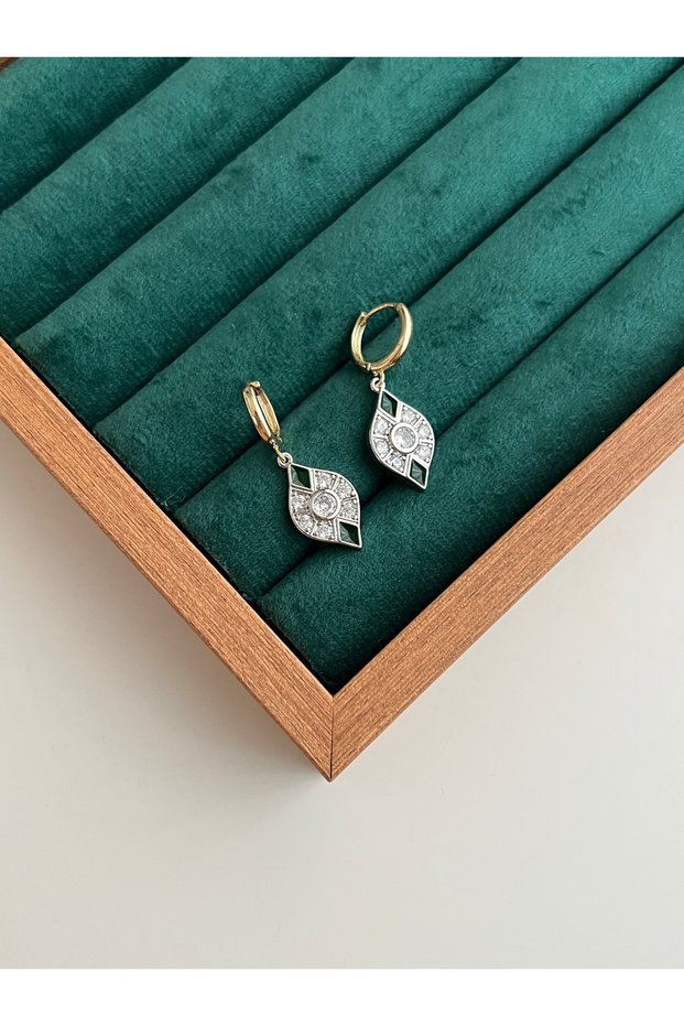 Special Series Green Enamel Detailed Zircon Stone Swinging Vip Earrings