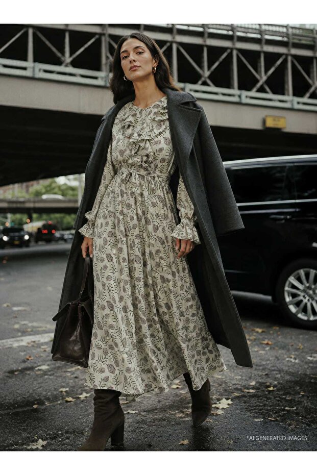 Glitter Chiffon Hijab Dress with Ruffle Detail at the Collar - Patterned -