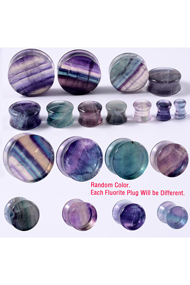 2PCS-12MM Earrings Fluorite Ear Plugs 1/2PCS Rainbow Natural Fluorite Stone Double Solid Flared Plug