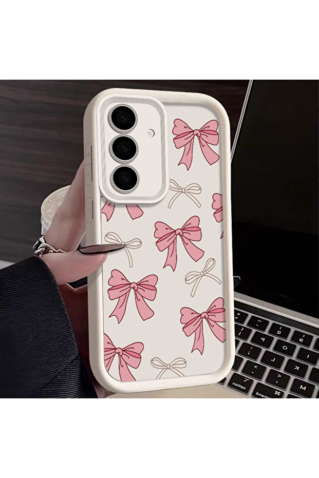 Galaxy A57 A847 Beige White Bow Tie Silicone Case For Samsung Galaxy S26 S25 S24 Ultra S23 S22 Plus