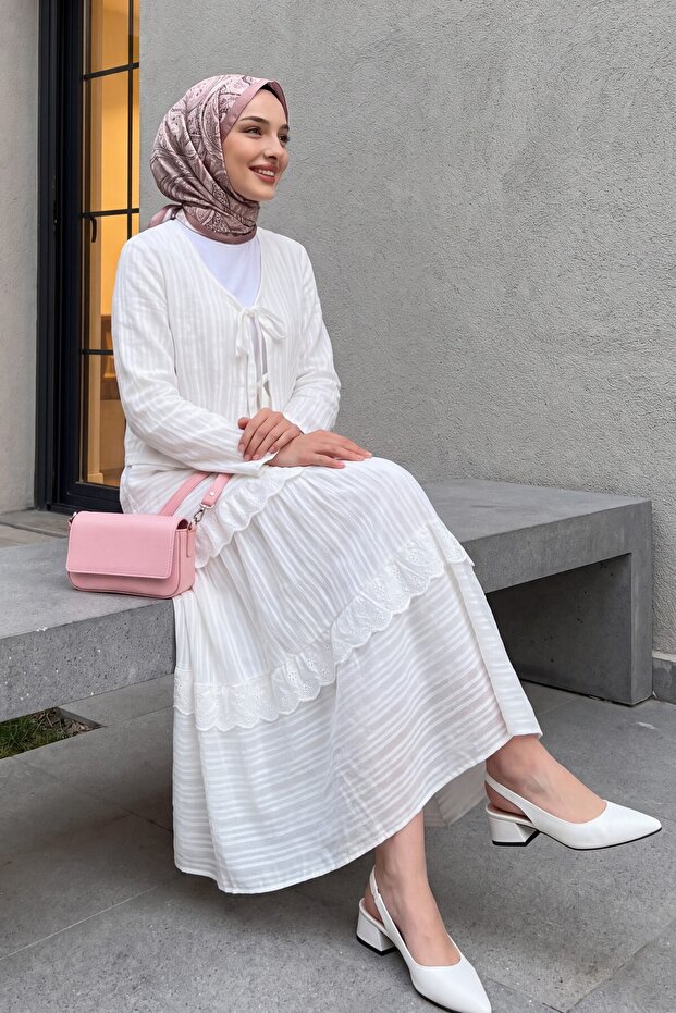 Tied Front Scalloped Skirt Set -White