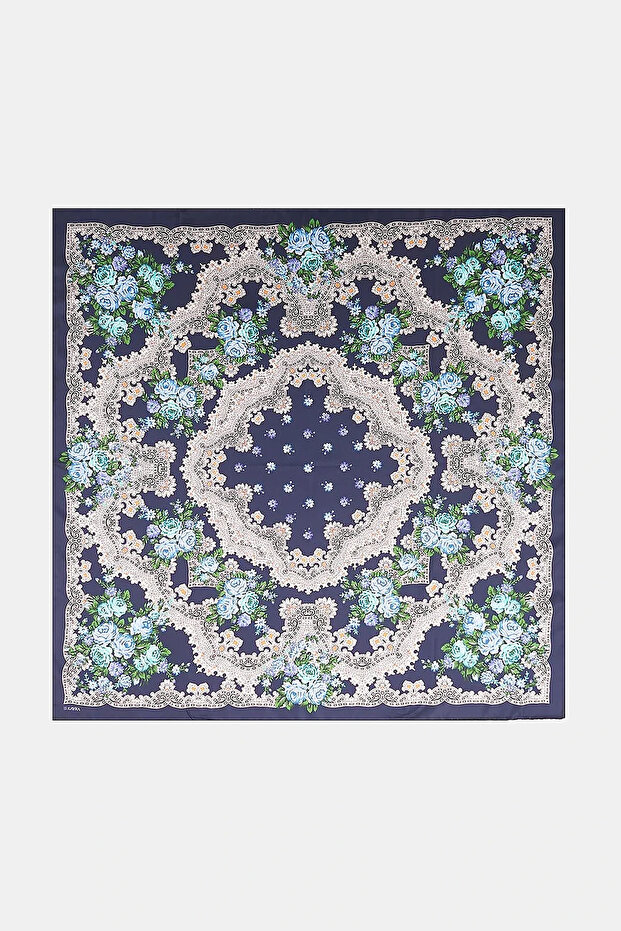 Retro Rose Patterned Scarf Navy Blue