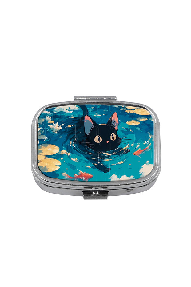 3 Cute Cat Pattern Metal Medicine Box with 2 Compartments Portable Travel Sealed Small Pill Organize