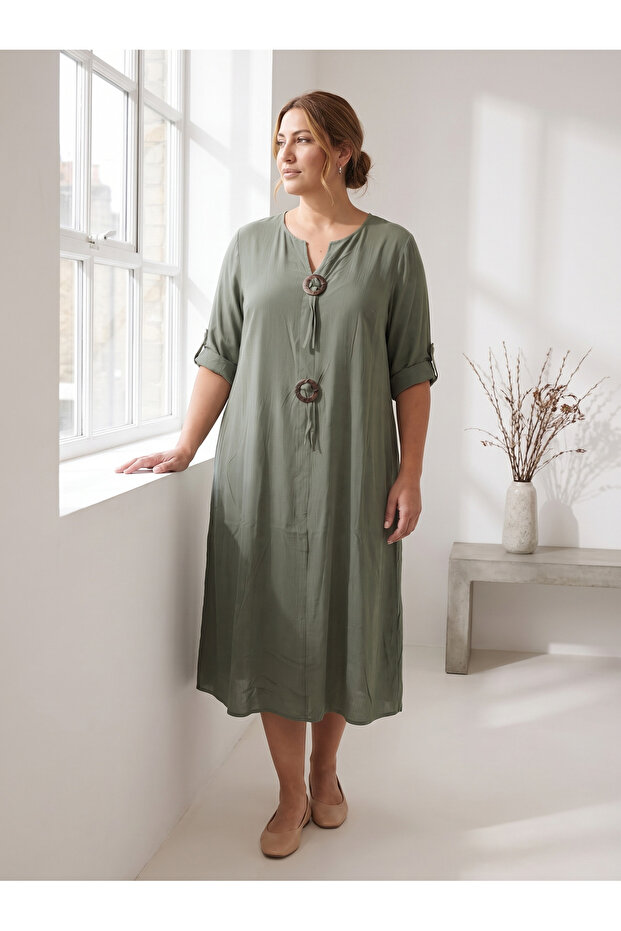 Plus Size Khaki Viscose Midi Dress with Ring Buckle Pockets for Summer