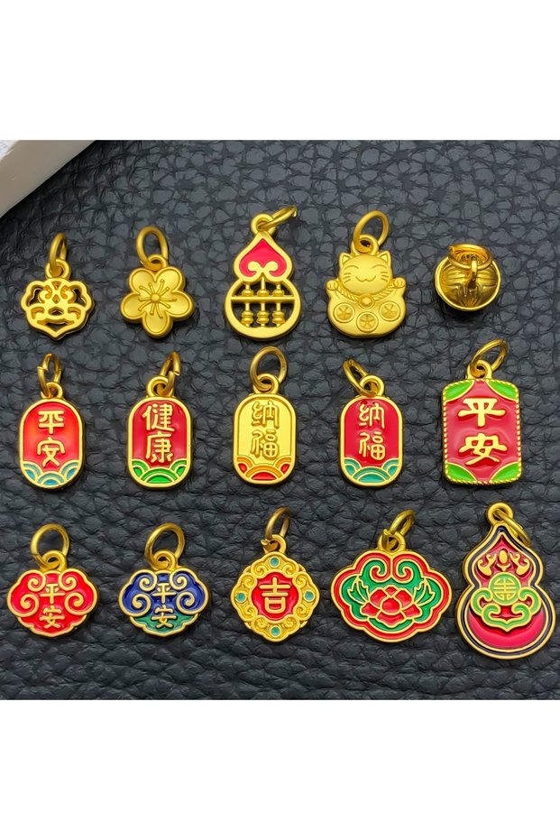 SN1137-15pcs 10/15pcs Antique & Sand-Gold Alloy Pendants for Wealth, Prosperity, and Good Fortune. D