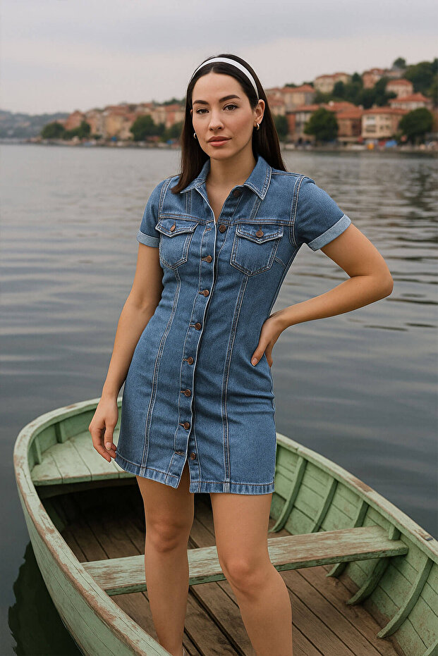 Short Sleeve Front Buttoned Jean Dress Blue