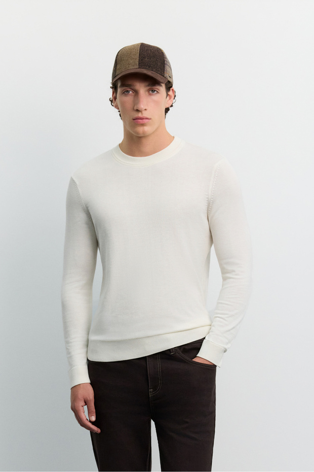 Men's Ecru Crew Neck Viscose Blend Basic Knitwear Regular Fit Sweater B005021