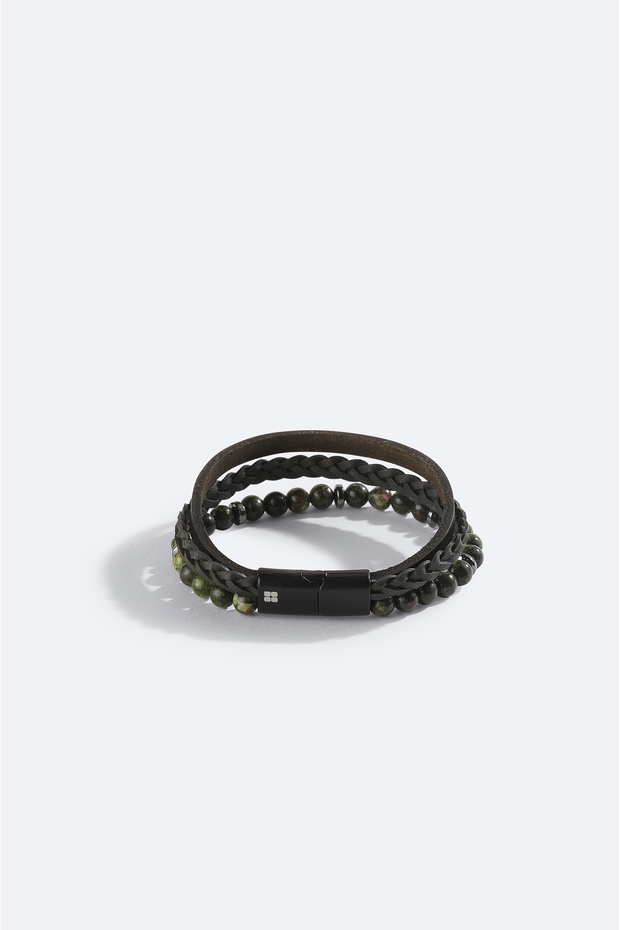 Men's Khaki Leather Ceyt and Hematite Stone Bracelet A42Y9614