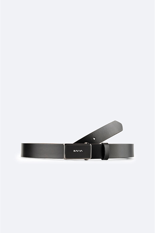 Men's Black 100% Leather Rectangular Buckle Belt A42Y9303