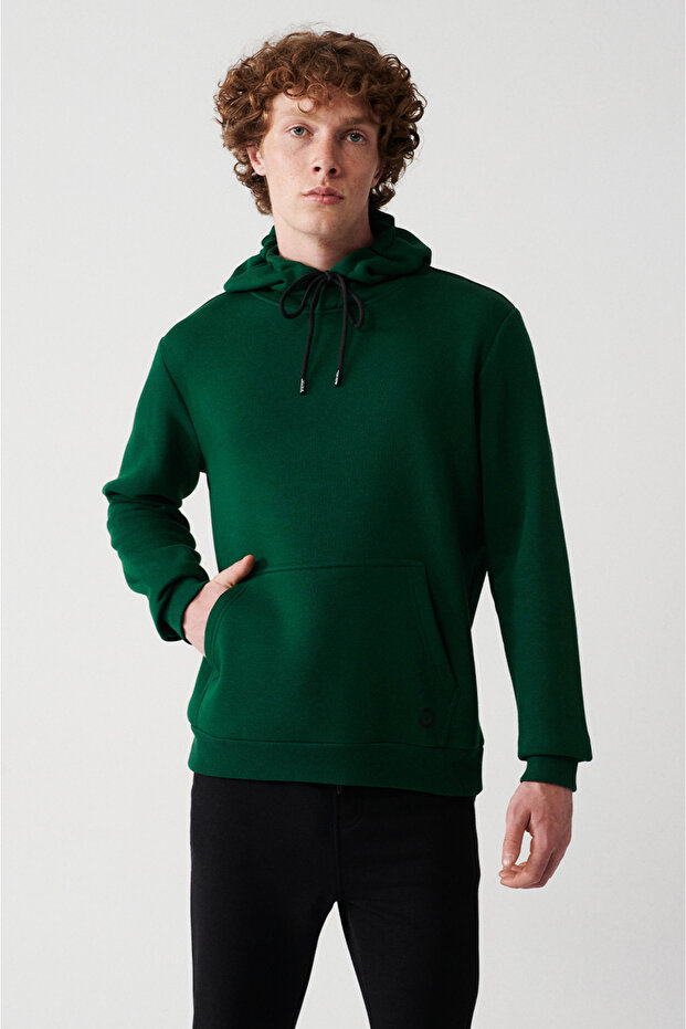Men's Green Hooded Raised 3 Thread Cotton Sweatshirt E 001018