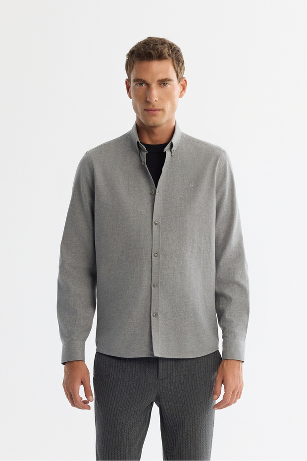 Men's Gray Buttoned Collar 100% Cotton Regular Fit Shirt B002033