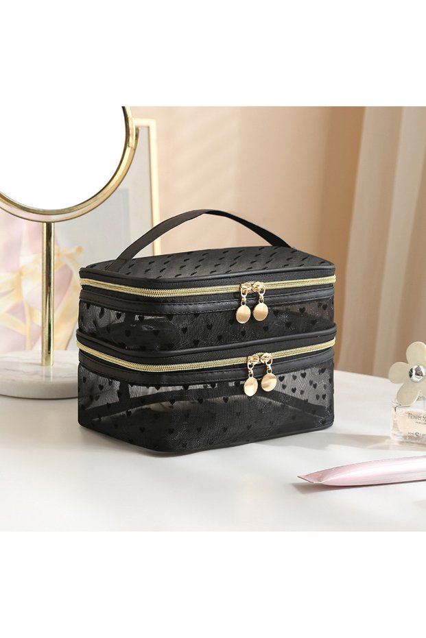 Black double cover Double-layers Black Mesh Cosmetic Bag Travel Portable Large-Capacity Makeup Case