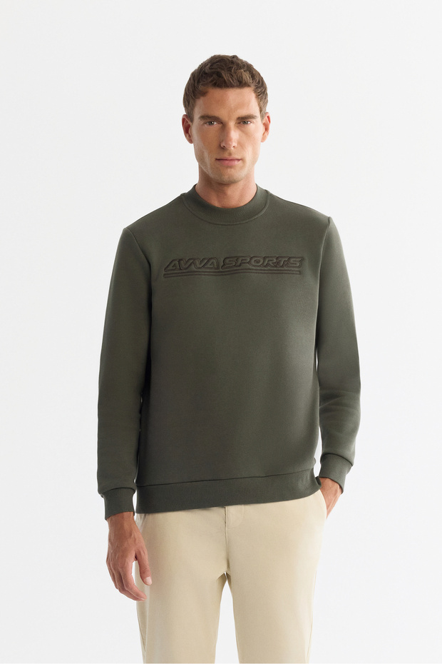 Men's Khaki Crew Neck 3 Thread Raised Printed Regular Fit Sweatshirt A42Y1306