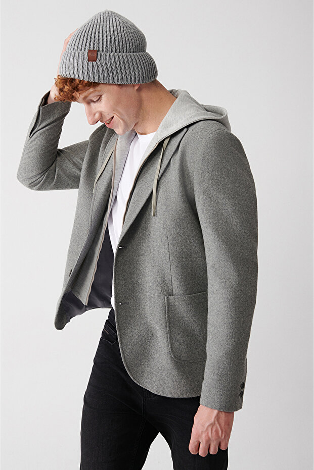 Men's Gray Removable Hooded Wool Jacket A32Y4017