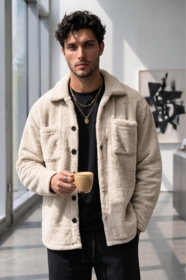 LATTE BUTTONED PLUSH WELLSOFT DOUBLE POCKET OVERSIZED CUT JACKET