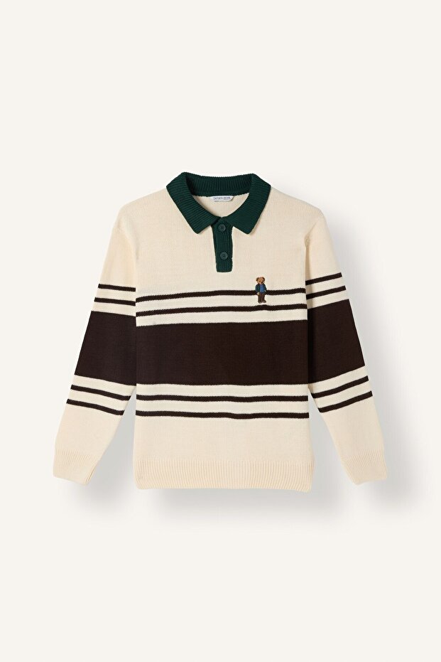 Oversize Striped Teddy Bear Polo Collar Knit Sweater for Boys I0441A826Wn