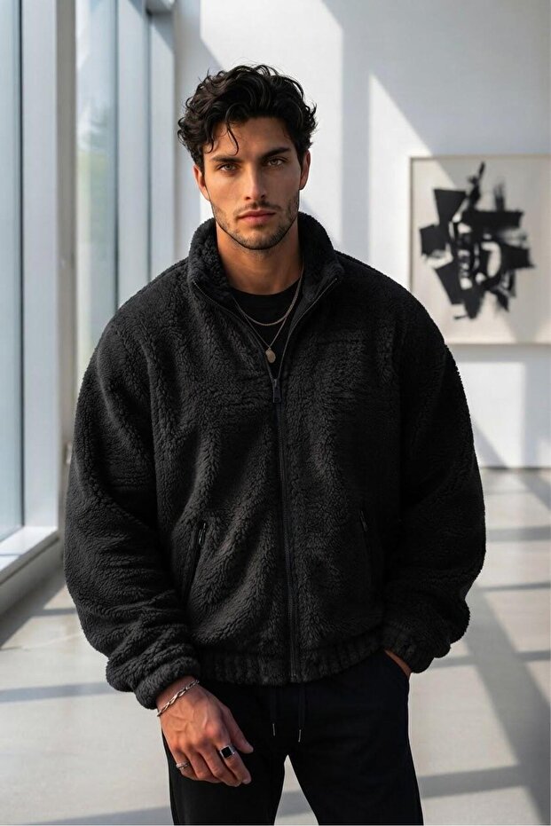 Men's Black Oversize Zippered Plush Coat