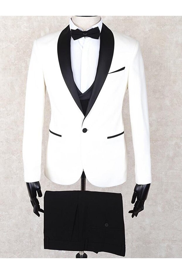 Slimfit White Shawl Collar Groom Suit Jacket - Vest - Pants - Shirt - Bow Tie