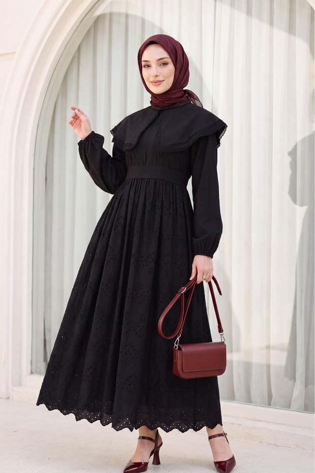 Cape Collar Lace Detailed Dress - Black