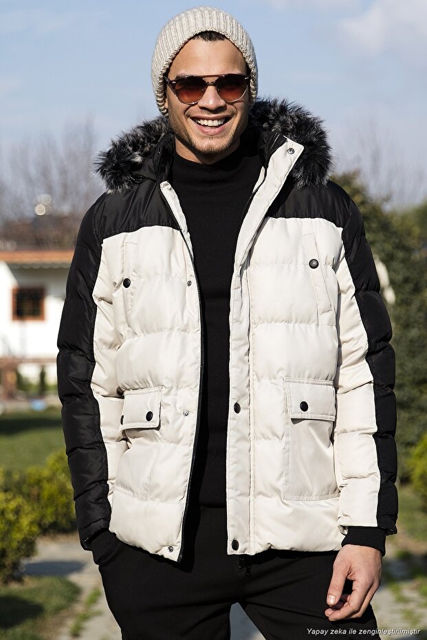 Slim Fit Detachable Artificial Fur Hooded Inflatable Coat Men's Coat 5760076
