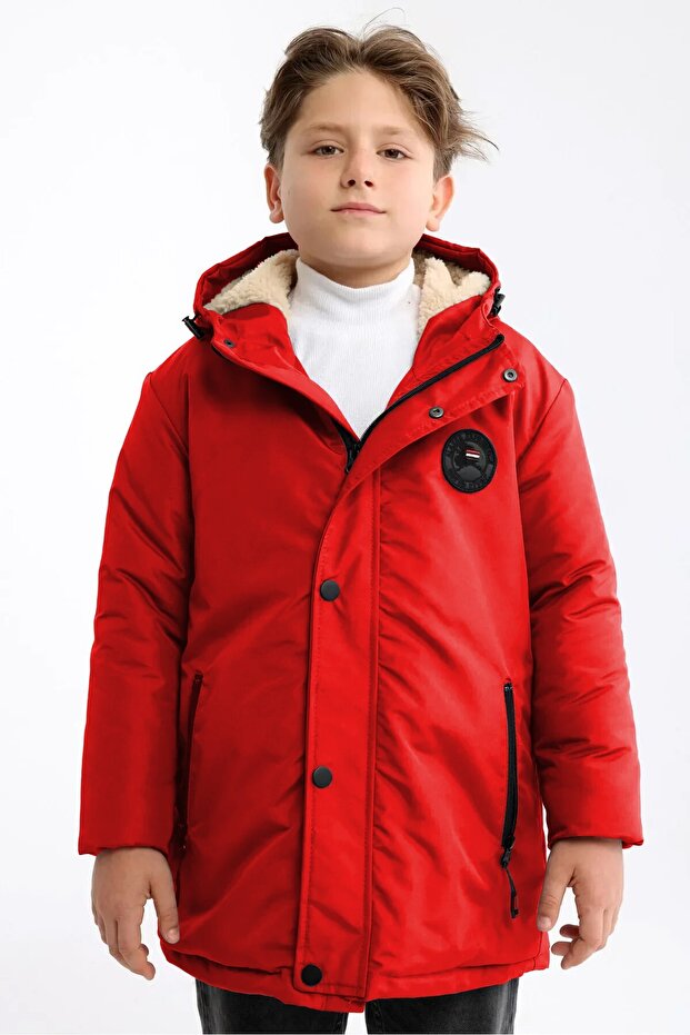 Boy's Removable Hooded Windproof Red Winter Coat & Parka