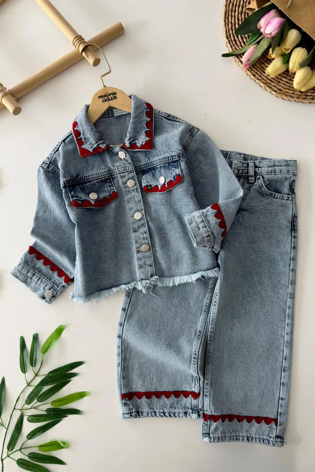 My Little One's Knitted Detailed Jeans Set for Girls - Light Blue
