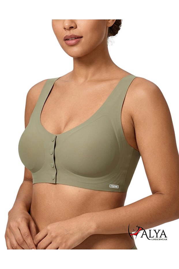 Women's Front Button Bra with Thick Straps and Ultra Comfortable Molded Laser Cut Invisible Bras - Khaki O8816 My Love