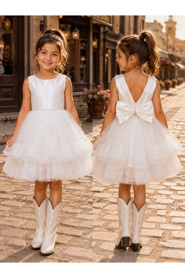 Girl's White Color Layered Tulle Skirt Short Evening Dress