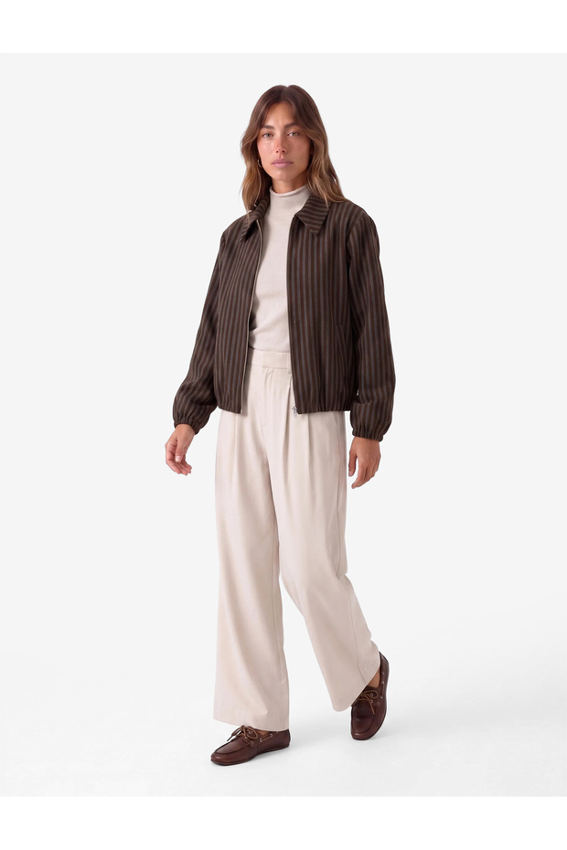 Loose Fit Classic Collar Long Sleeve Zippered Striped Bomber Jacket