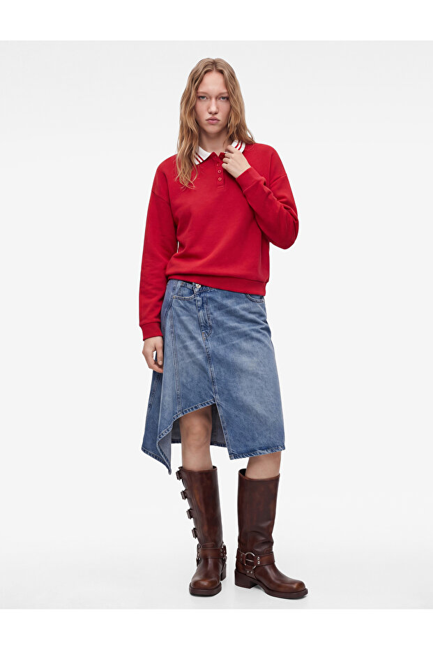 Comfortable Fit Buttoned Long Sleeve Striped Polo Collar Sweatshirt