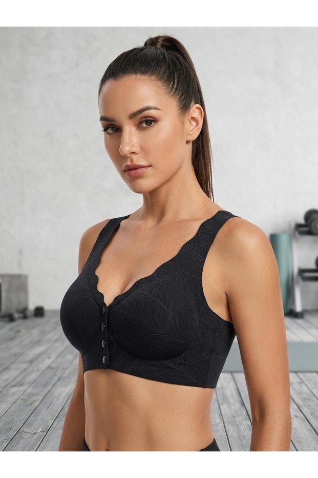 Women's Black Wave Detailed Front Snap Sports Bra