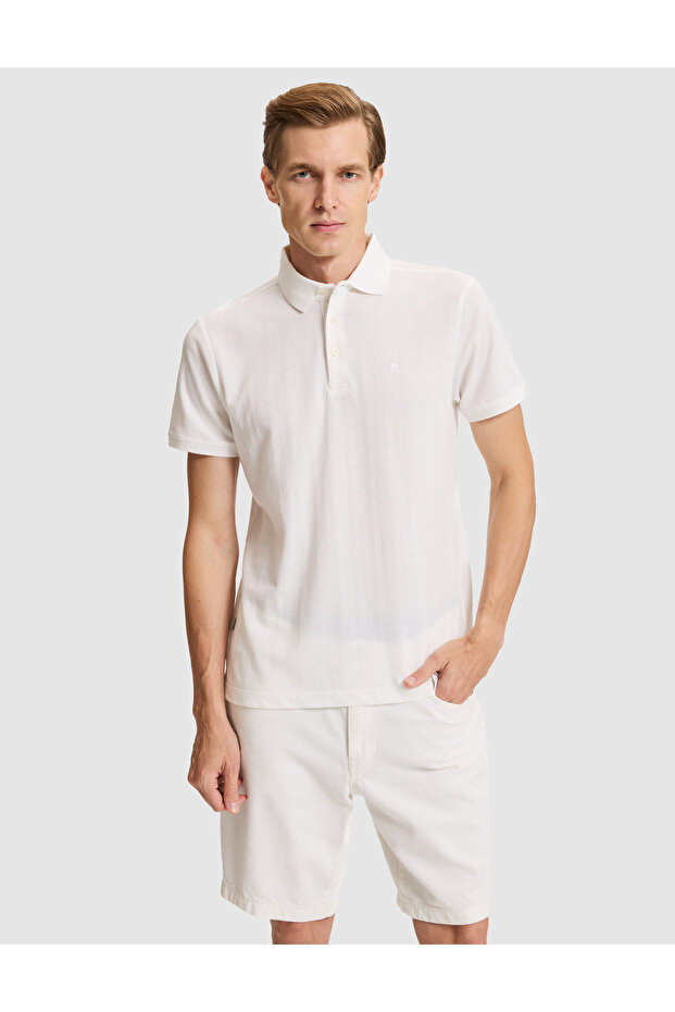 White Slim Fit Buttoned Polo Collar T-Shirt 50302608-Vr013