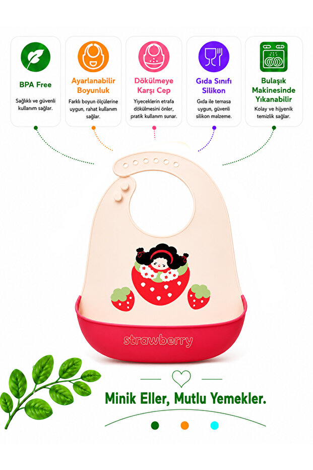 Premium, Durable Bpa-Free Adjustable Children's Silicone Bib with Strawberry Figure (9+ Months)