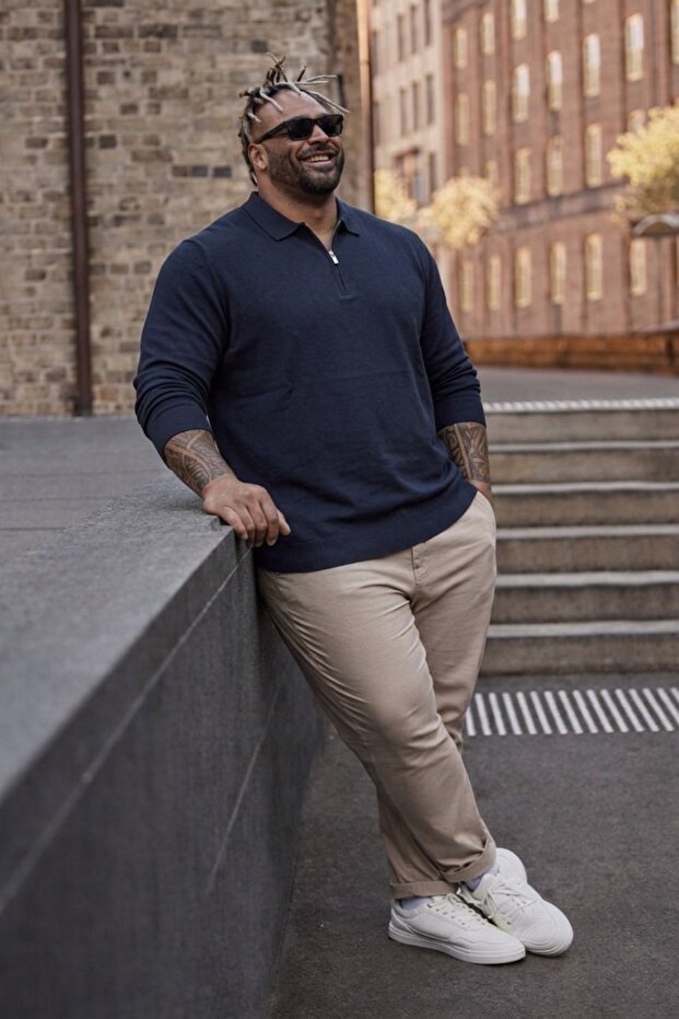 Men's Plus Size Basic Navy Blue Zippered Sweatshirt
