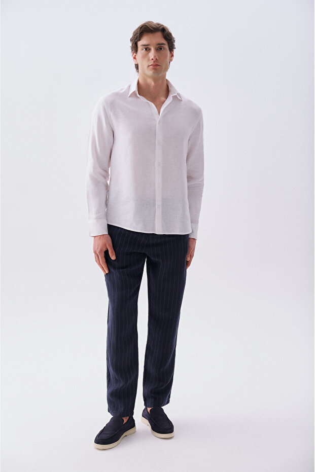 Men's Navy Blue Striped Tapered Fit Linen Trousers