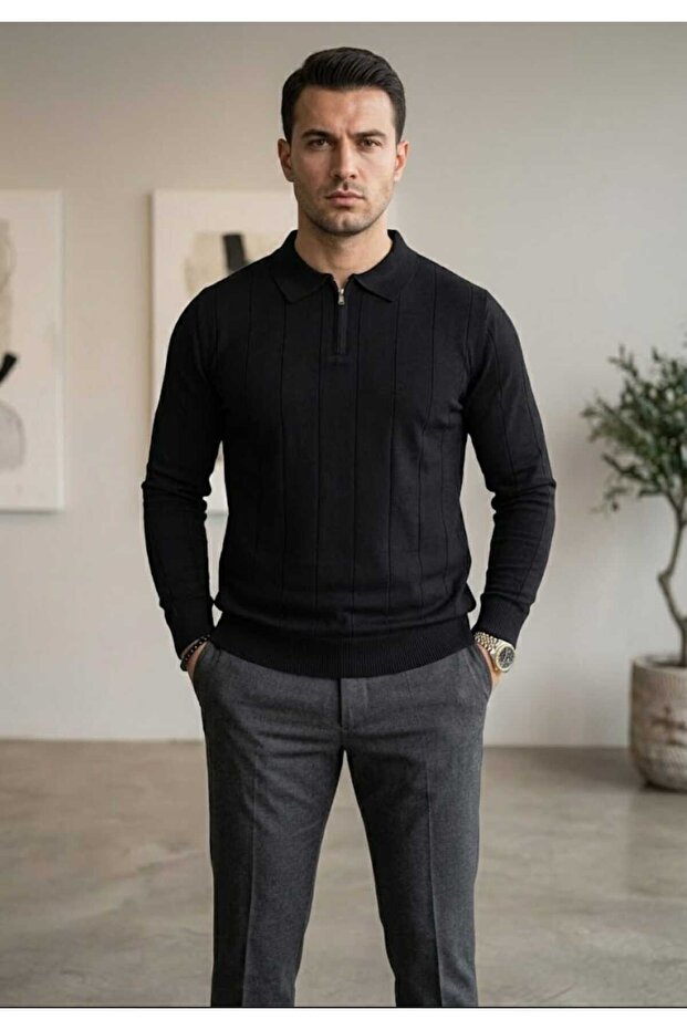 Men's Half Zip Polo Neck Seasonal Sweater Black