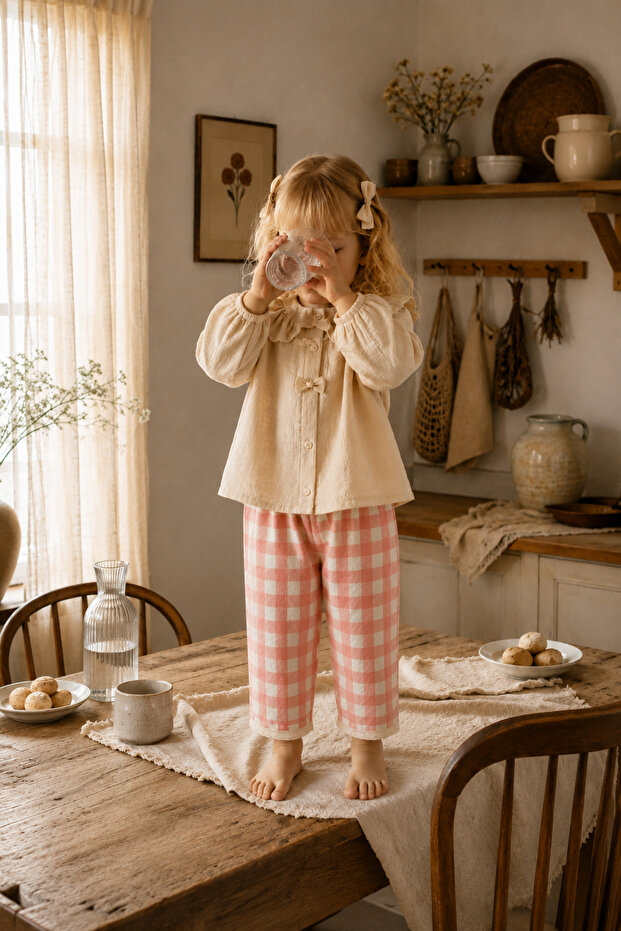 Checkered Fabric Ruffle Detailed Baby Girl Sensitive 2-Piece Set