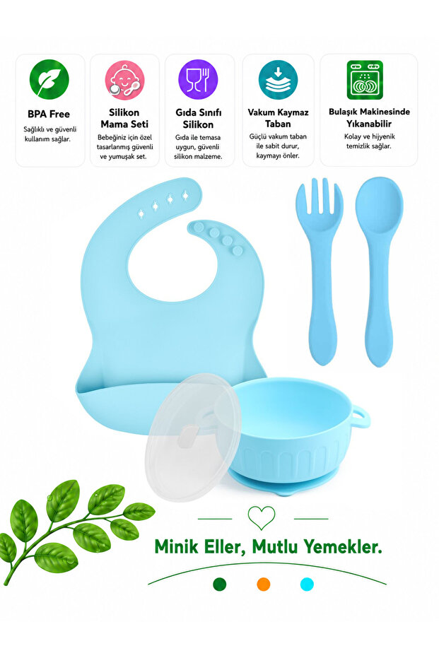 Silicone Feeding Set, Silicone Vacuum Food Bowl with Lid, Silicone Bib, Silicone Spoon