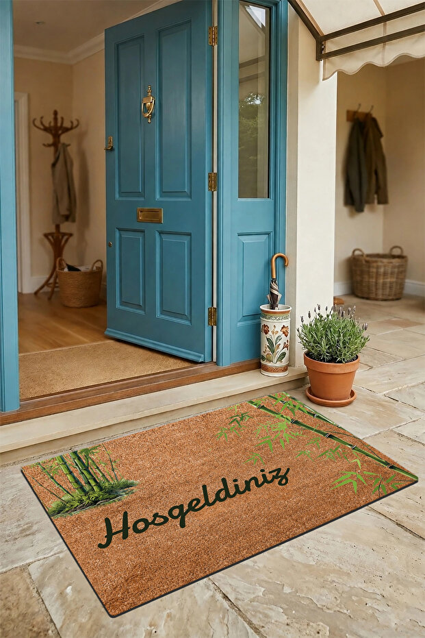 Door Mat 45X70Cm Non-Slip Base Decorative Indoor Outdoor Green Bamboo Wood