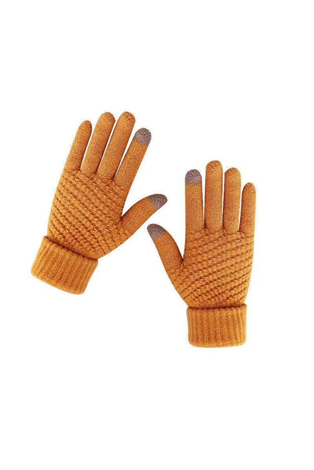 ORANGE Women Men Warm Winter Touch Screen Gloves Stretch Classical Knit Mittens Wool Full Finger Out