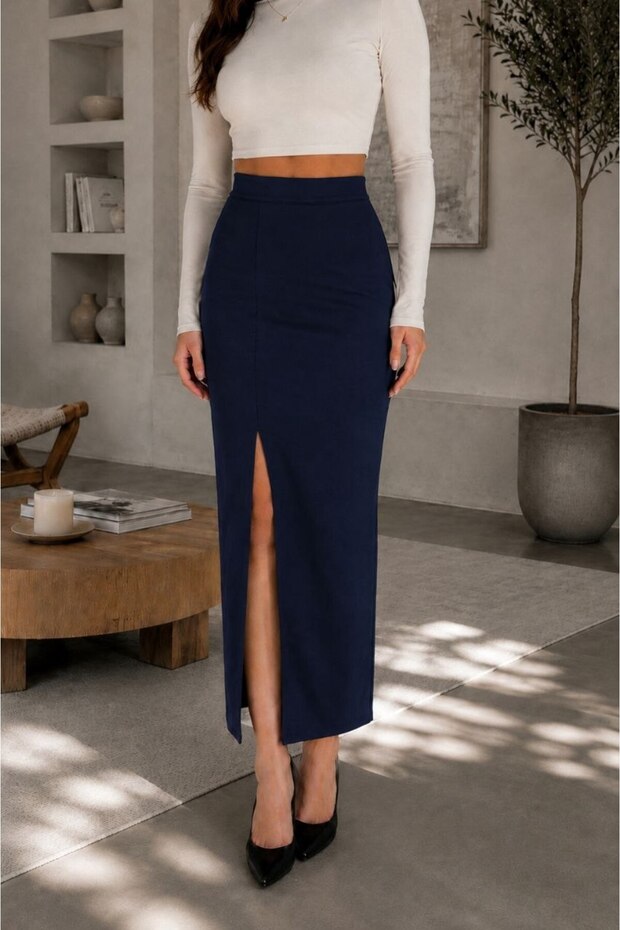 Women's Navy Blue Long Pencil Skirt with Slit at the Waist