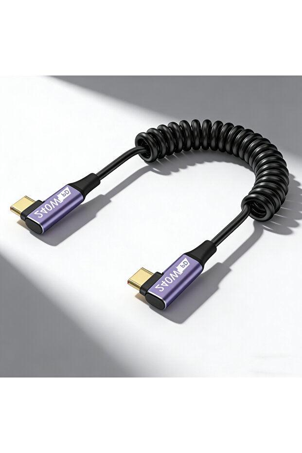كابل USB-C إلى USB-C ملفوف بطول 1.5 متر، رمادي اللون، مع شحن سريع PD240W، تصميم قابل للسحب، مقاوم للتشابك، محمول