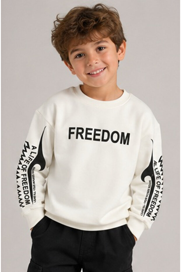 Boy/Girl's White Oversize Fit Sweatshirt with Freedom Written on the Front Sleeves
