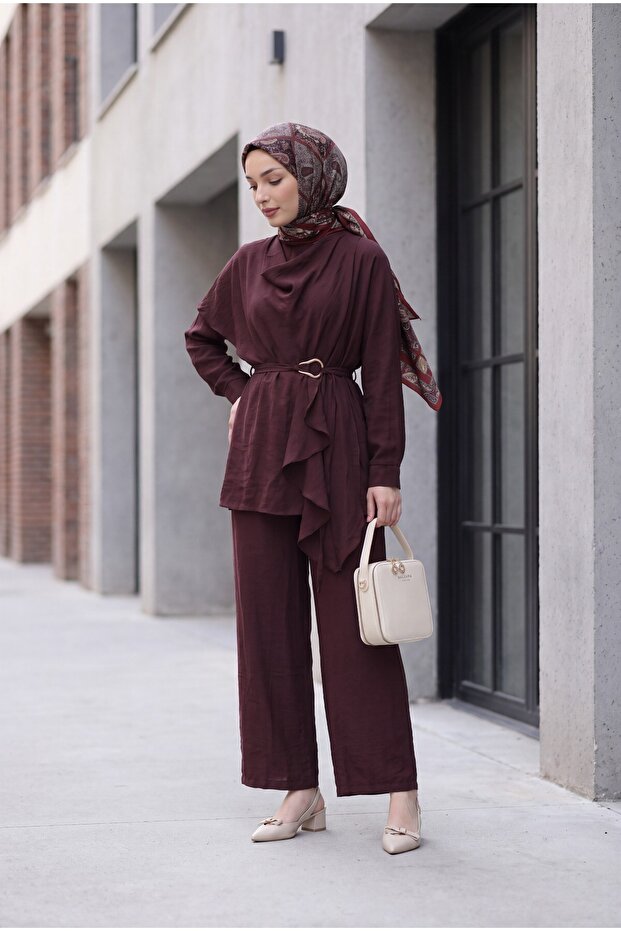 Asymmetrical Cut Trousers Lined Belted Cupra Set - Burgundy