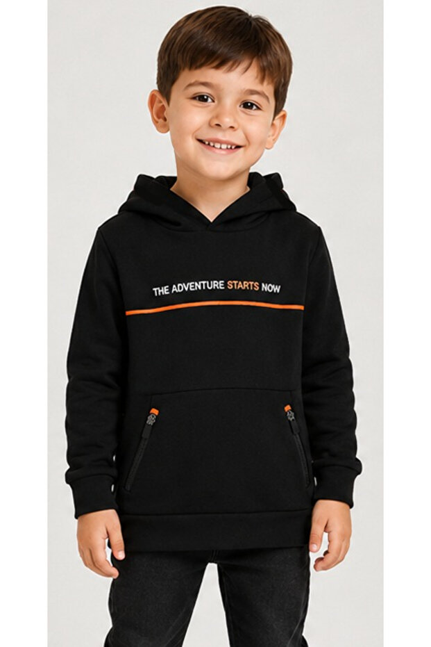 Boy's Adventure Written Double Zipper Pocket Hooded Black Sweatshirt