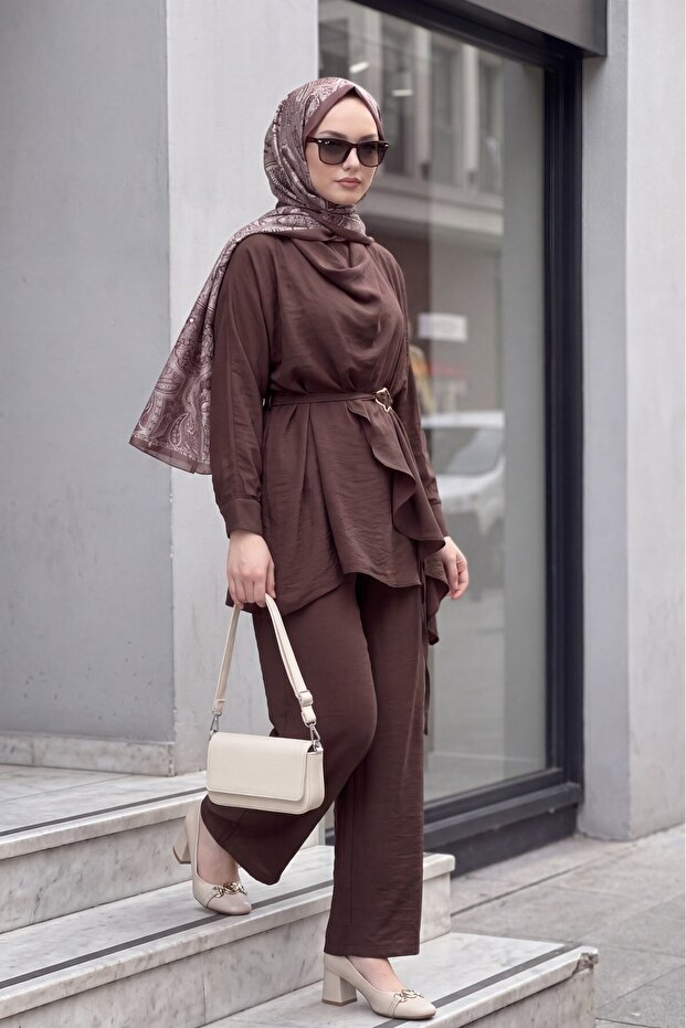 Asymmetrical Cut Trousers Lined Belted Cupra Set -Brown